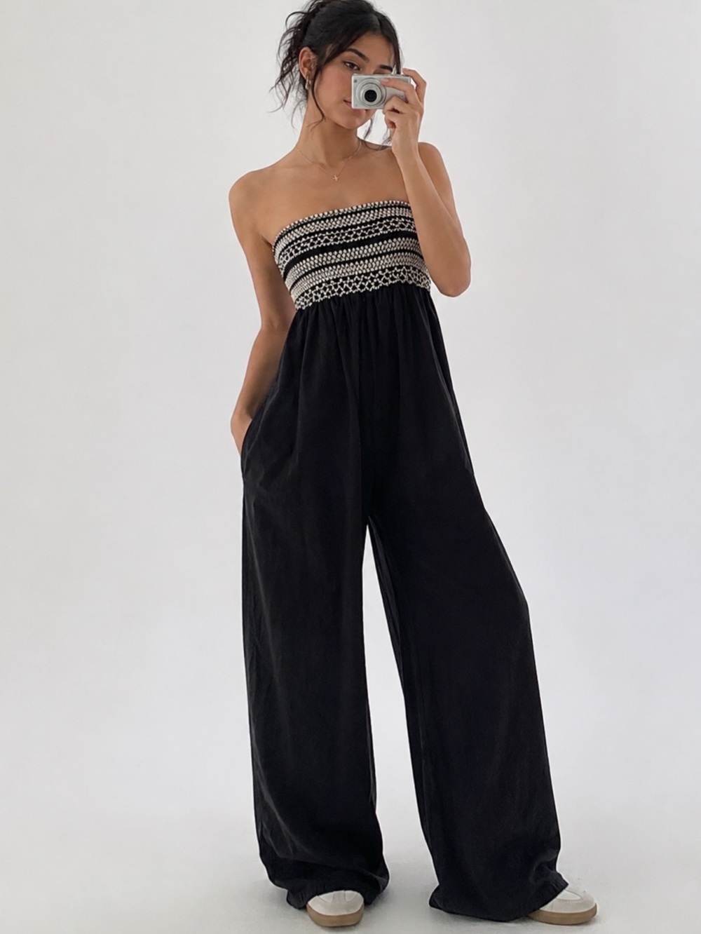 Indulge InStyle Black Strapless Smocked Wide Leg Jumpsuit Size S